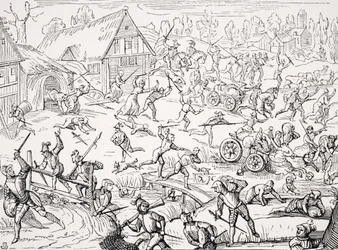 Ein Dorf von Soldaten geplündert, Kopie eines Holzschnitts aus Hamelmanns 